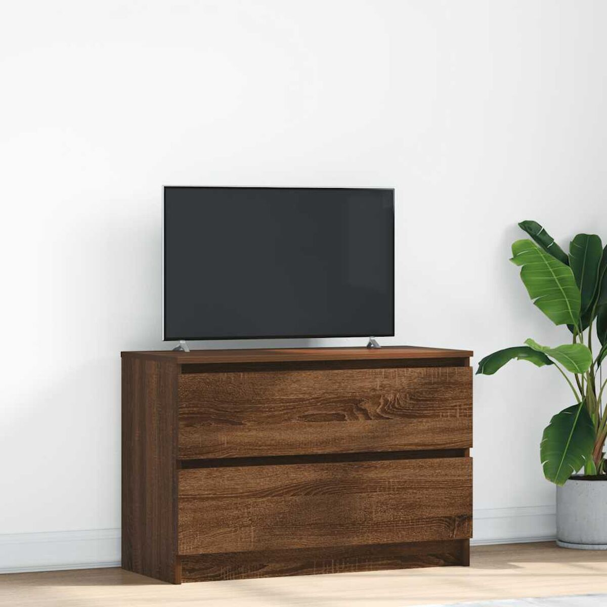 Ein Fernseher steht auf einer Holzkommode mit zwei Schubladen. Rechts steht eine große Pflanze in einem grauen Topf.