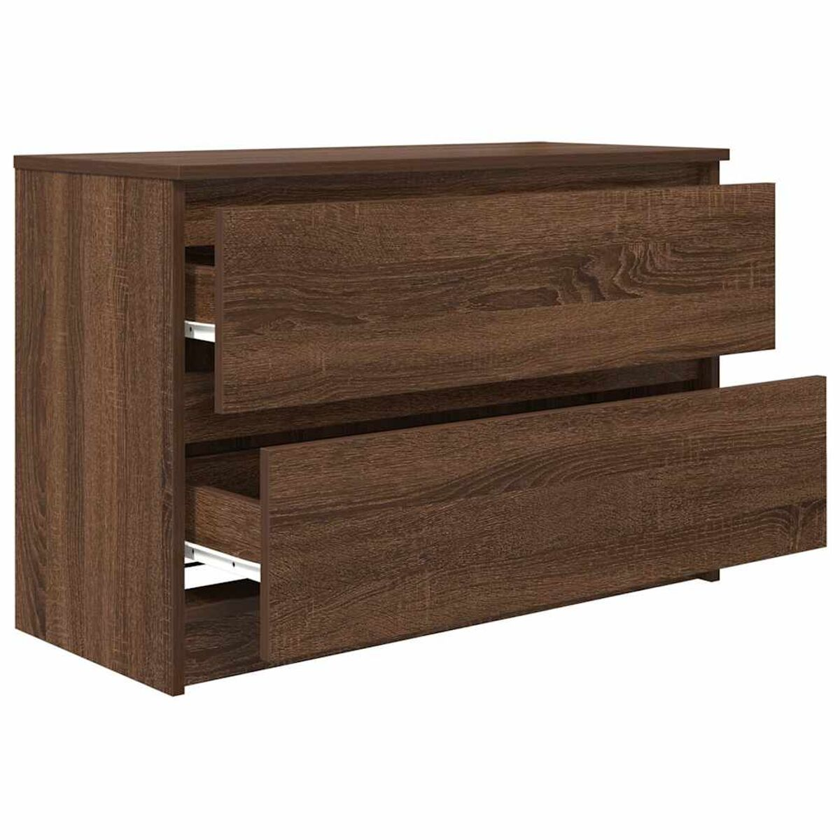 Eine braune Holzkommode mit zwei geöffneten Schubladen. Die Maserung des Holzes ist sichtbar. Die obere Schublade ist leicht geöffnet, die untere ganz.