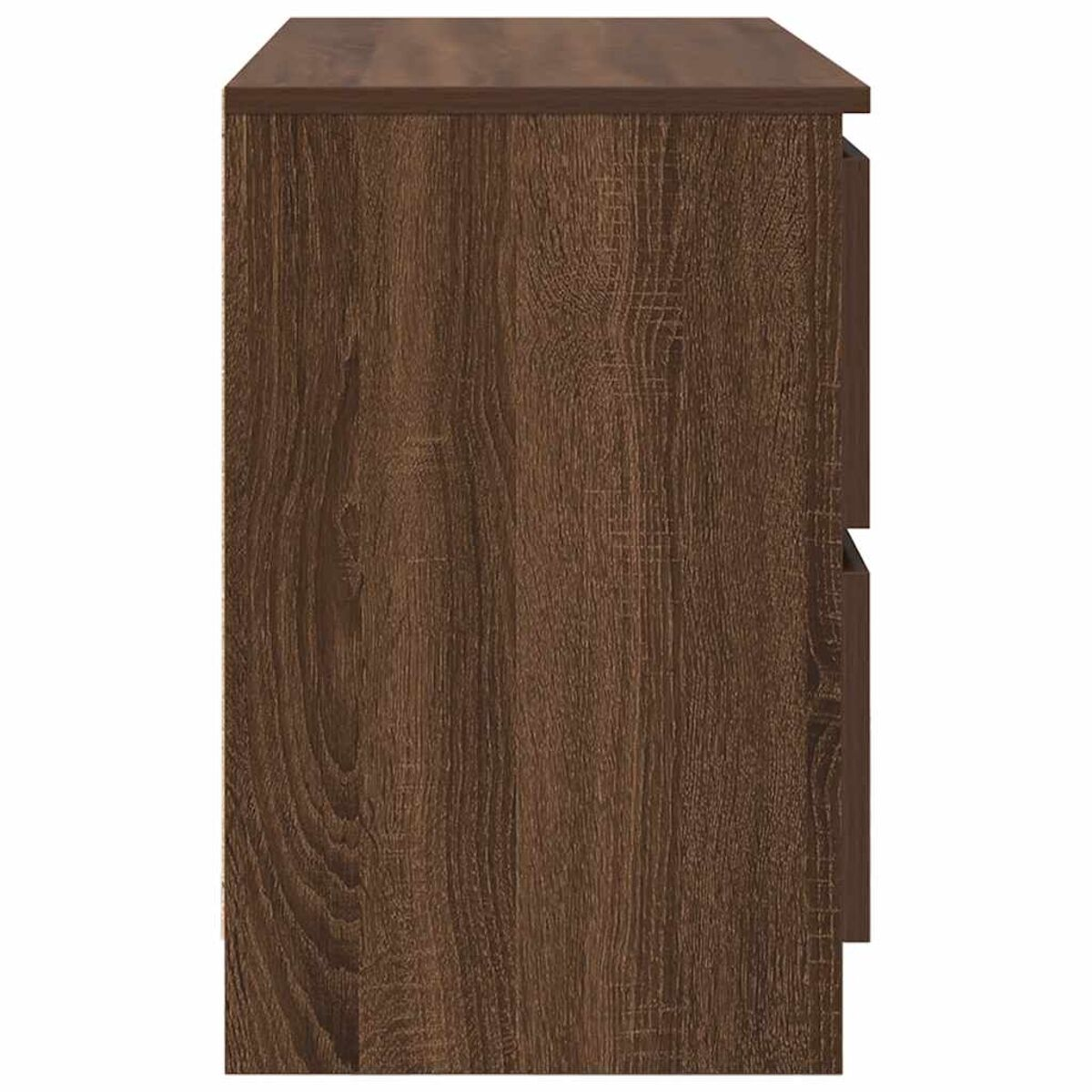 Ein Holzschrank mit dunkelbraunem Finish. Der Schrank hat zwei Schubladen und eine Oberseite, alle mit Holzmaserung.