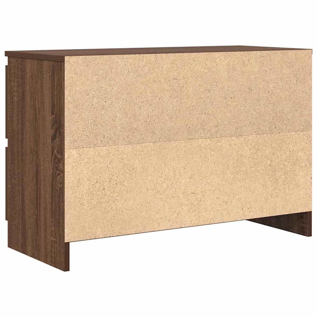 Eine Holzkommode mit dunkelbrauner Oberseite und Seiten. Die Vorderseite ist hellbeige.