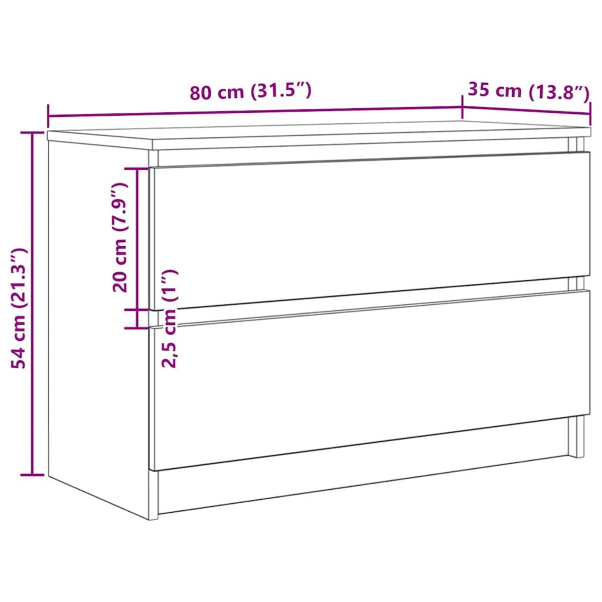 Eine weiße Kommode mit zwei Schubladen. Beschriftete Maße: 80x35x54cm. Messungen: 20cm, 2,5cm und 54cm.
