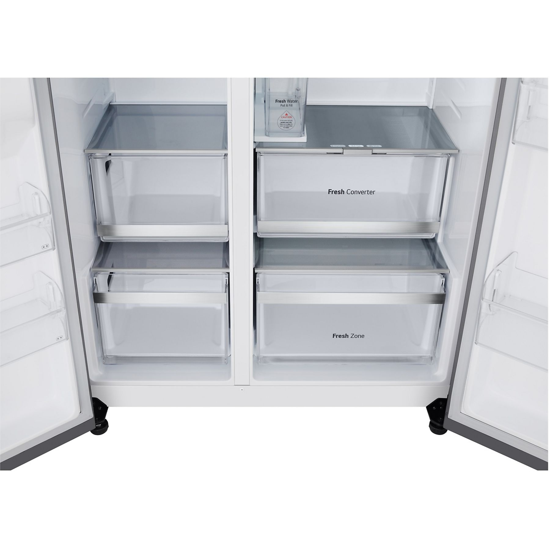 Open refrigerator interior. Shows drawers and shelves, labeled 'Fresh Converter' and 'Fresh Zone'. Water dispenser visible.