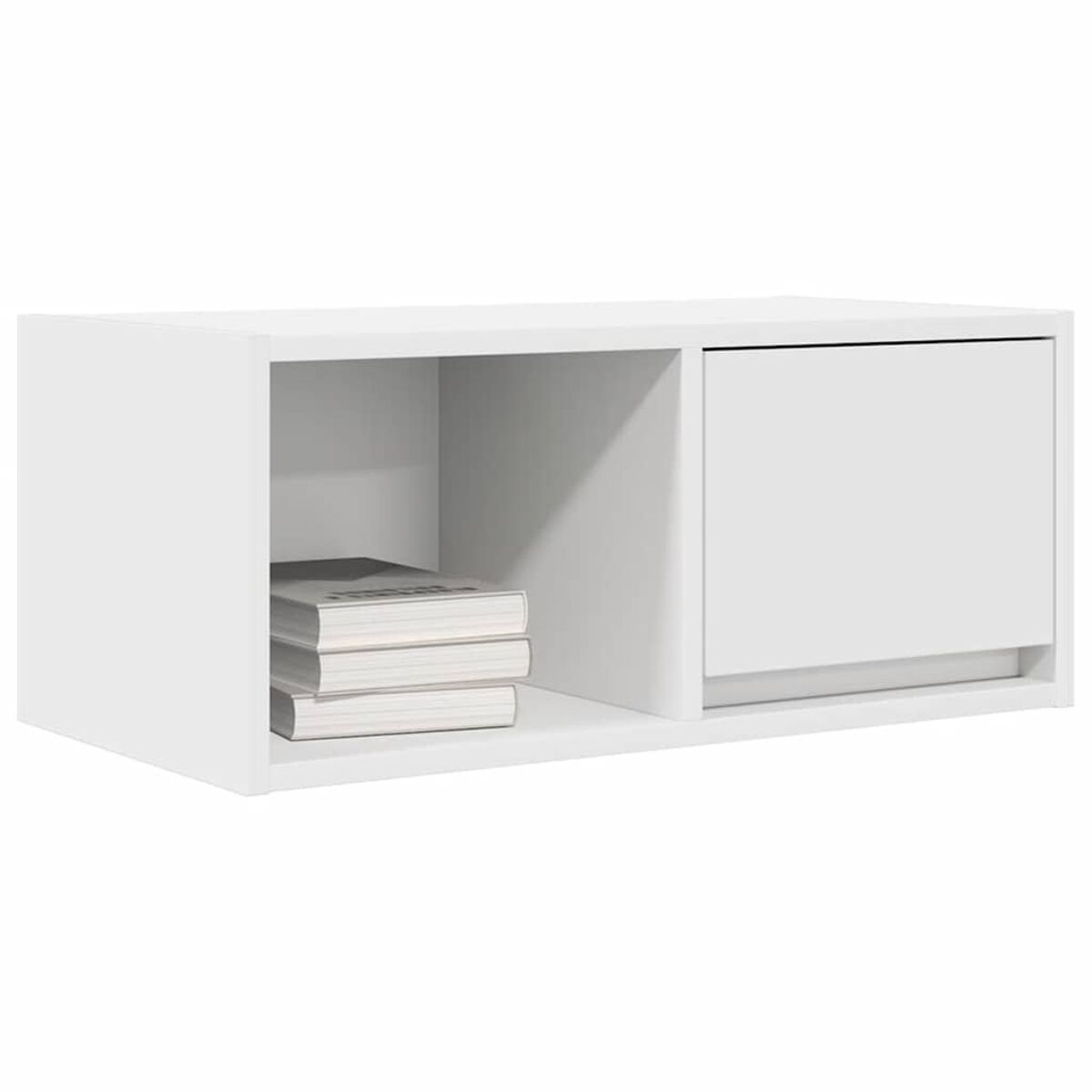 Ein weißer, an der Wand befestigter Schrank mit zwei Fächern. Eines offen mit Büchern, das andere eine geschlossene Schublade.