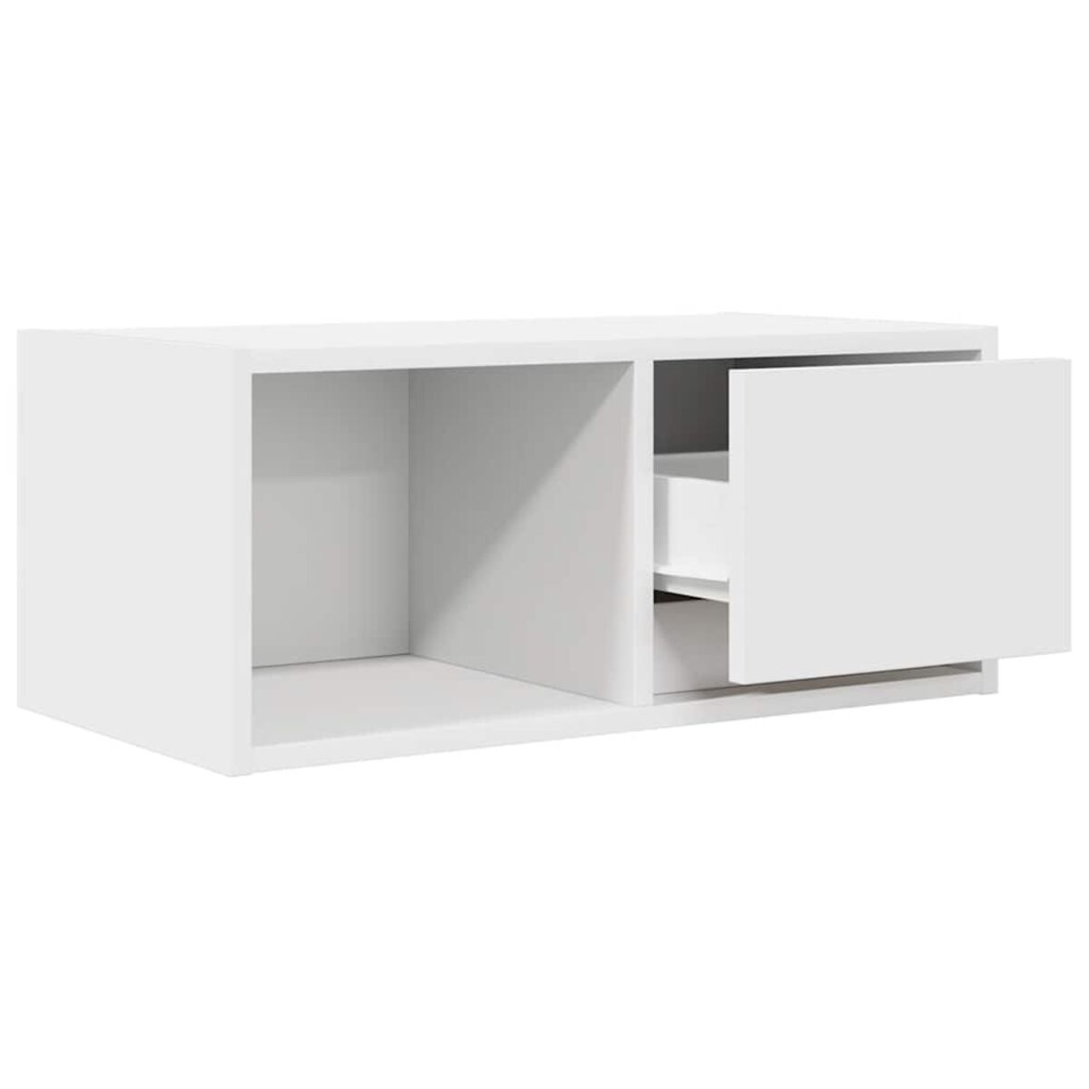 Ein weißer, rechteckiger, an der Wand befestigter Schrank. Er hat zwei offene Fächer und eine Schublade, die leicht geöffnet ist. Es ist ein einfaches, modernes Design.