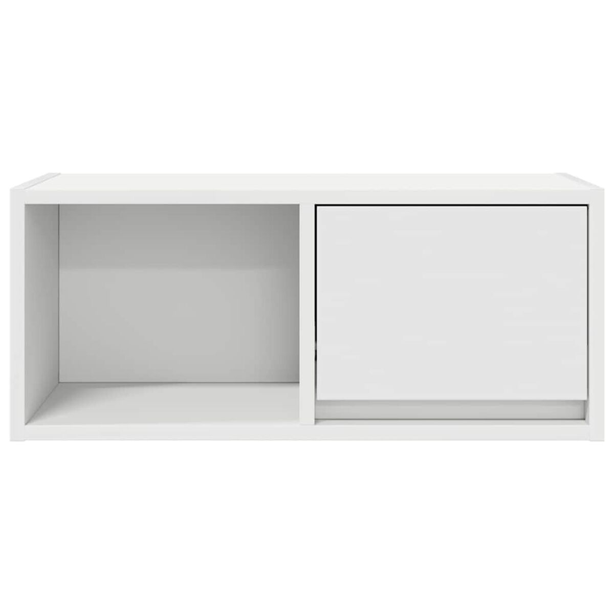 Ein weißer rechteckiger Schrank mit zwei Bereichen. Einer ist offen, der andere hat eine weiße Tür. Alles weiß, klare Linien.