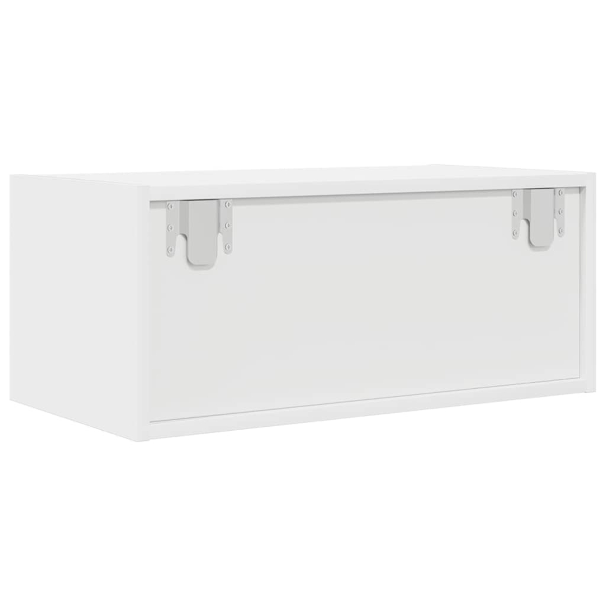 Ein weißer rechteckiger Schrank mit geschlossener Tür. Auf der Vorderseite sind Metallscharniere zu sehen. Der Hintergrund ist weiß.