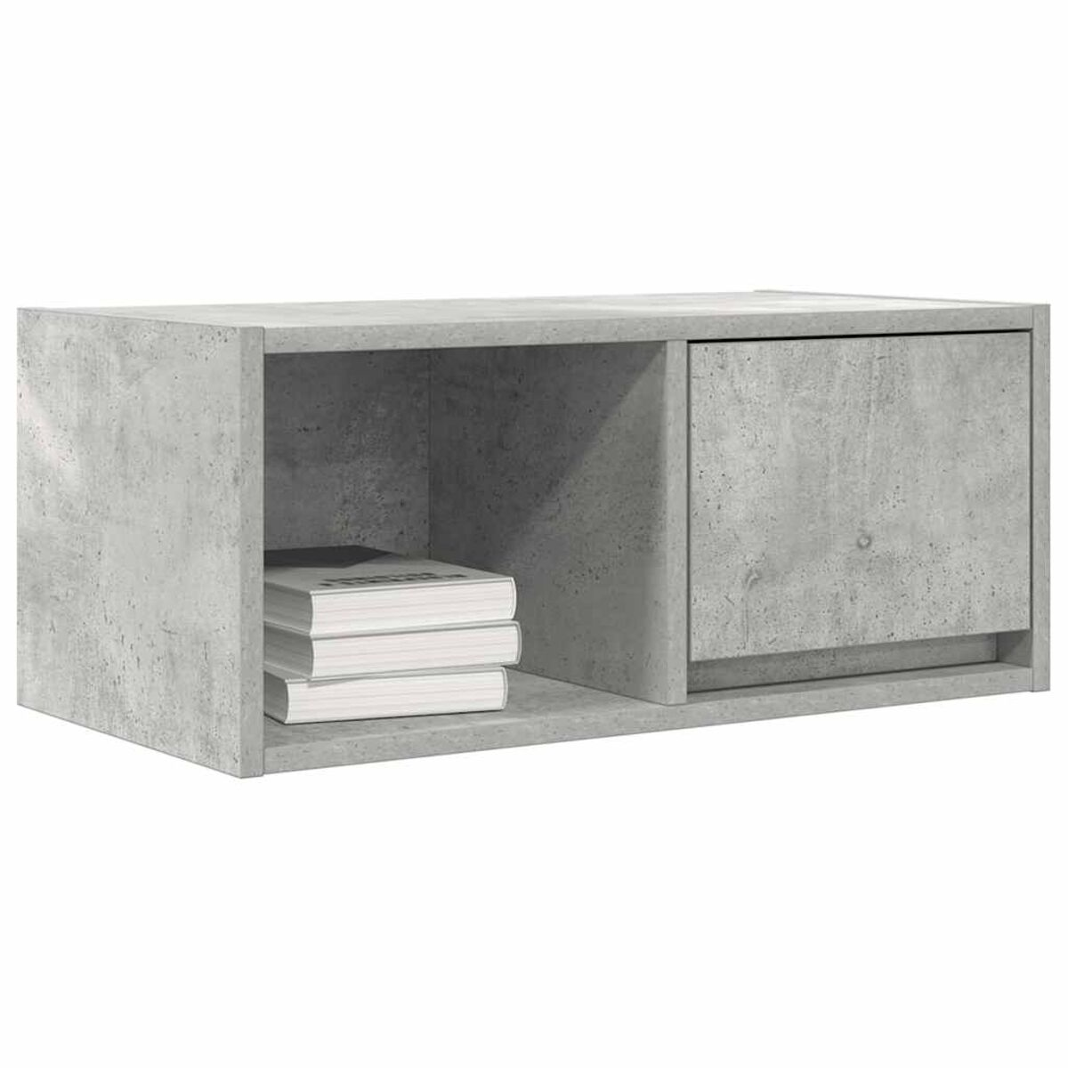 Ein rechteckiger Betonschrank. Im Inneren sind drei Bücher auf einem Regal zu sehen. Die rechte Seite hat eine geschlossene Tür.