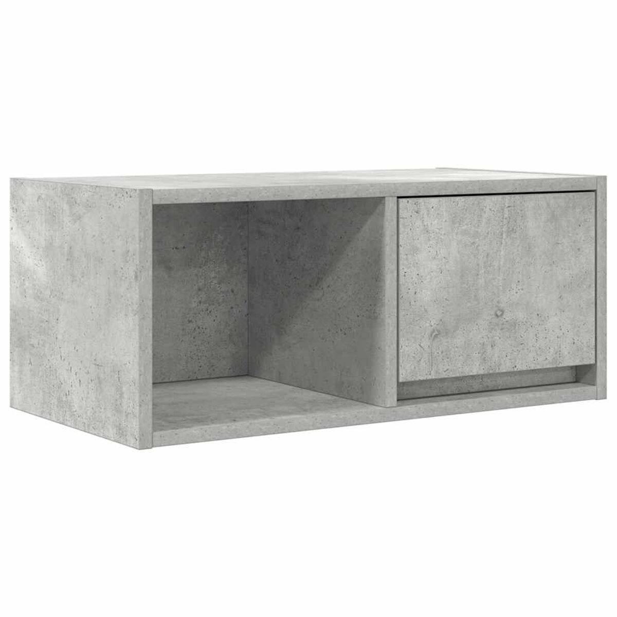 Ein rechteckiger Betonschrank mit offenem Regal und geschlossenem Fach mit Tür. Die Farbe ist grau.