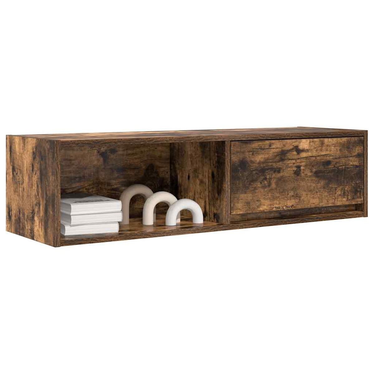 Ein hölzernes, an der Wand befestigtes Regal mit offenen und geschlossenen Fächern. Enthält Bücher und bogenförmige Dekorationen. Das Holz hat ein rustikales, braunes Finish.