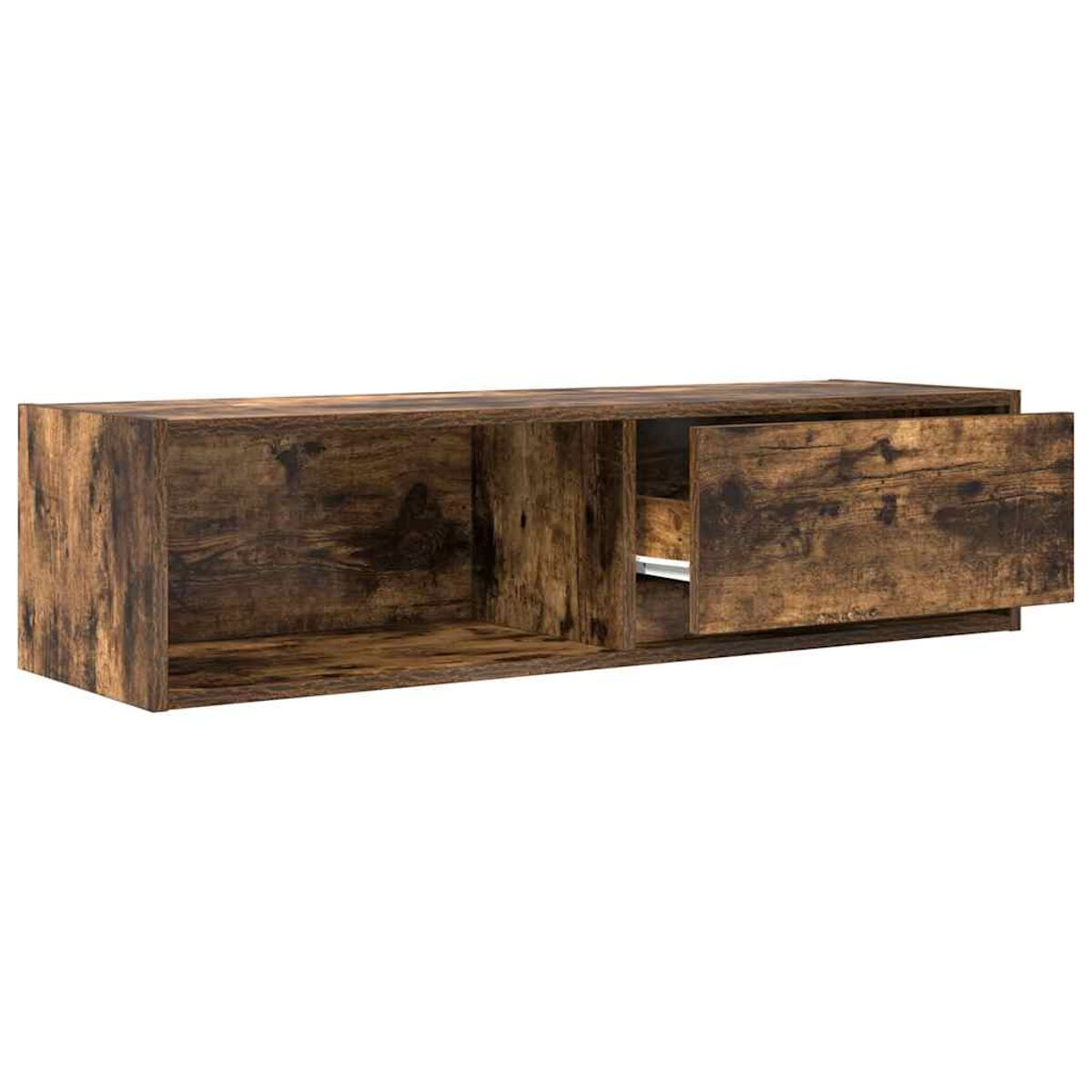 Ein brauner, rechteckiger, an der Wand befestigter Schrank mit offenem Fach und teilgeöffneter Schublade. Holzmaserung sichtbar.
