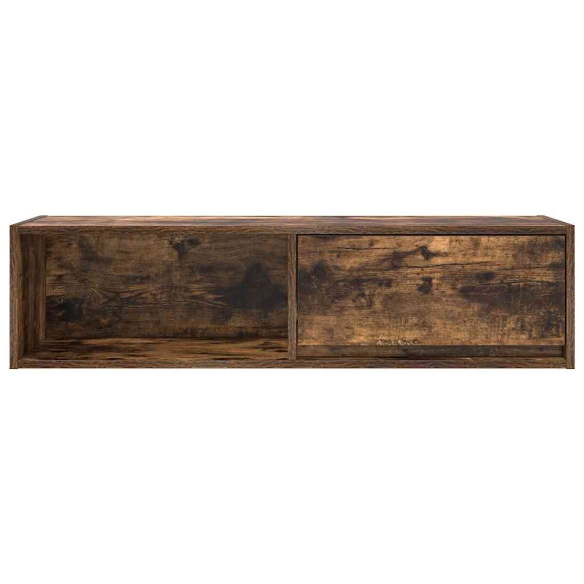 Wandregal aus Holz. Es hat zwei Fächer, eines offen und eines mit Tür. Das Holz ist dunkelbraun mit sichtbarer Maserung.