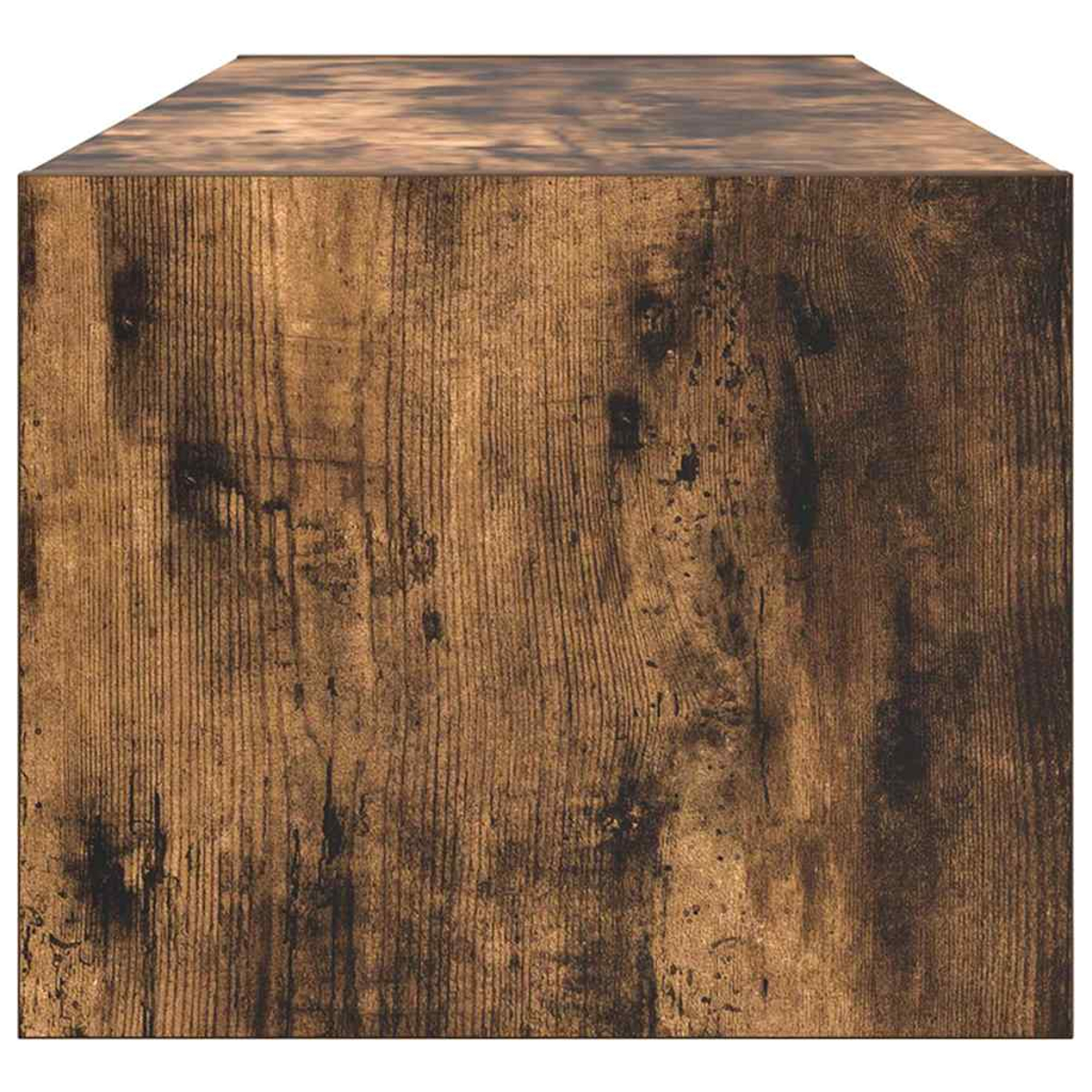 Ein Holzblock, braun mit dunklen Streifen. Die Oberseite hat ein marmoriertes Aussehen. Die Holzmaserung ist vertikal.