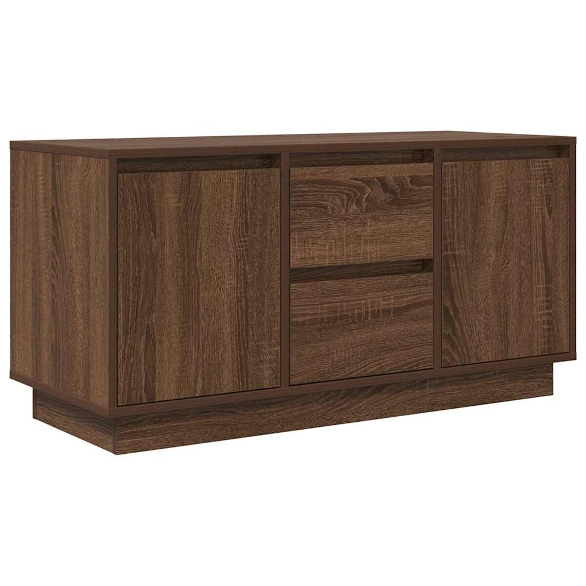Eine Holz-Anrichte mit zwei Türen und zwei Schubladen. Das Holz hat eine sichtbare Maserung und eine dunkelbraune Farbe.