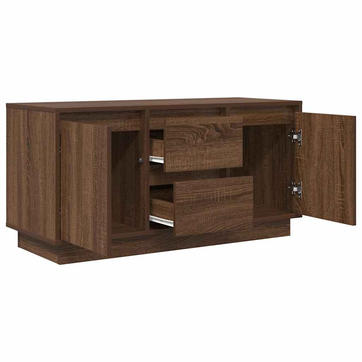 Ein brauner Holzschrank mit zwei offenen Türen und zwei Schubladen. Die Türen und Schubladen sind geöffnet und zeigen das Innere.