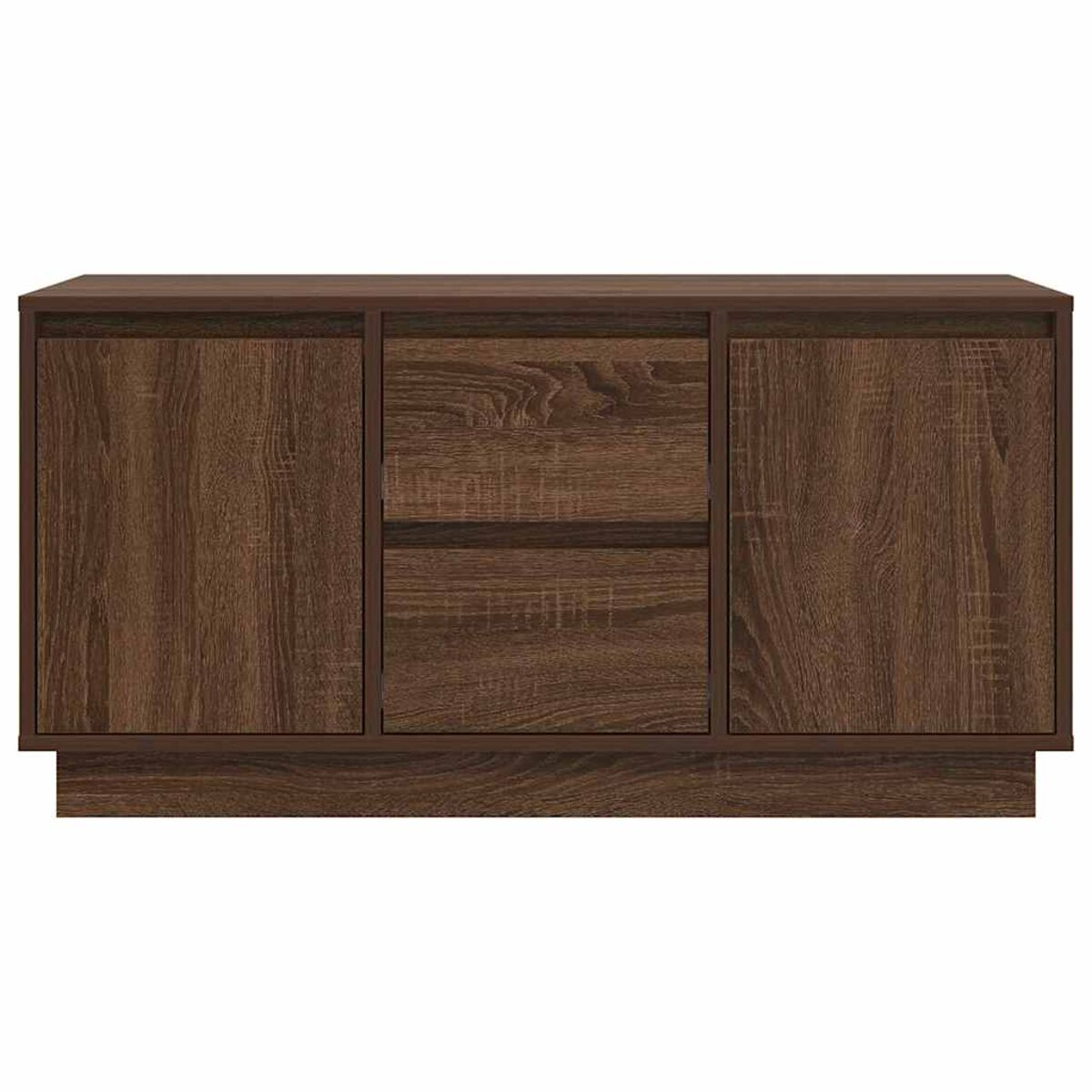 Ein brauner Holzschrank mit zwei Türen und zwei Schubladen. Die Holzmaserung ist sichtbar.