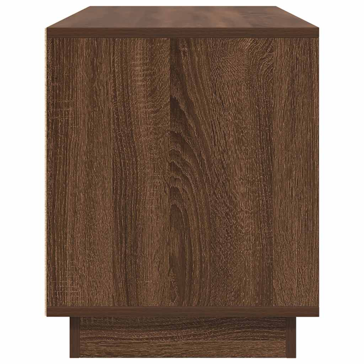 Ein Holzschrank mit dunkelbraunem Finish. Er hat eine rechteckige Form und einen Sockel. Die Holzmaserung ist sichtbar.
