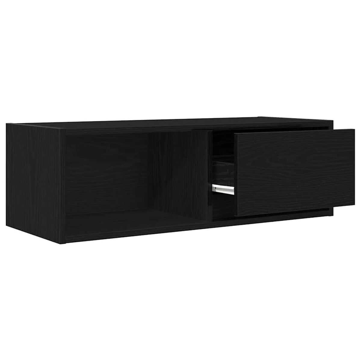 Ein schwarzer rechteckiger Schrank mit einer teilweise geöffneten Schublade. Der Schrank hat ein offenes Fach und eine Schublade mit silbernem Griff.