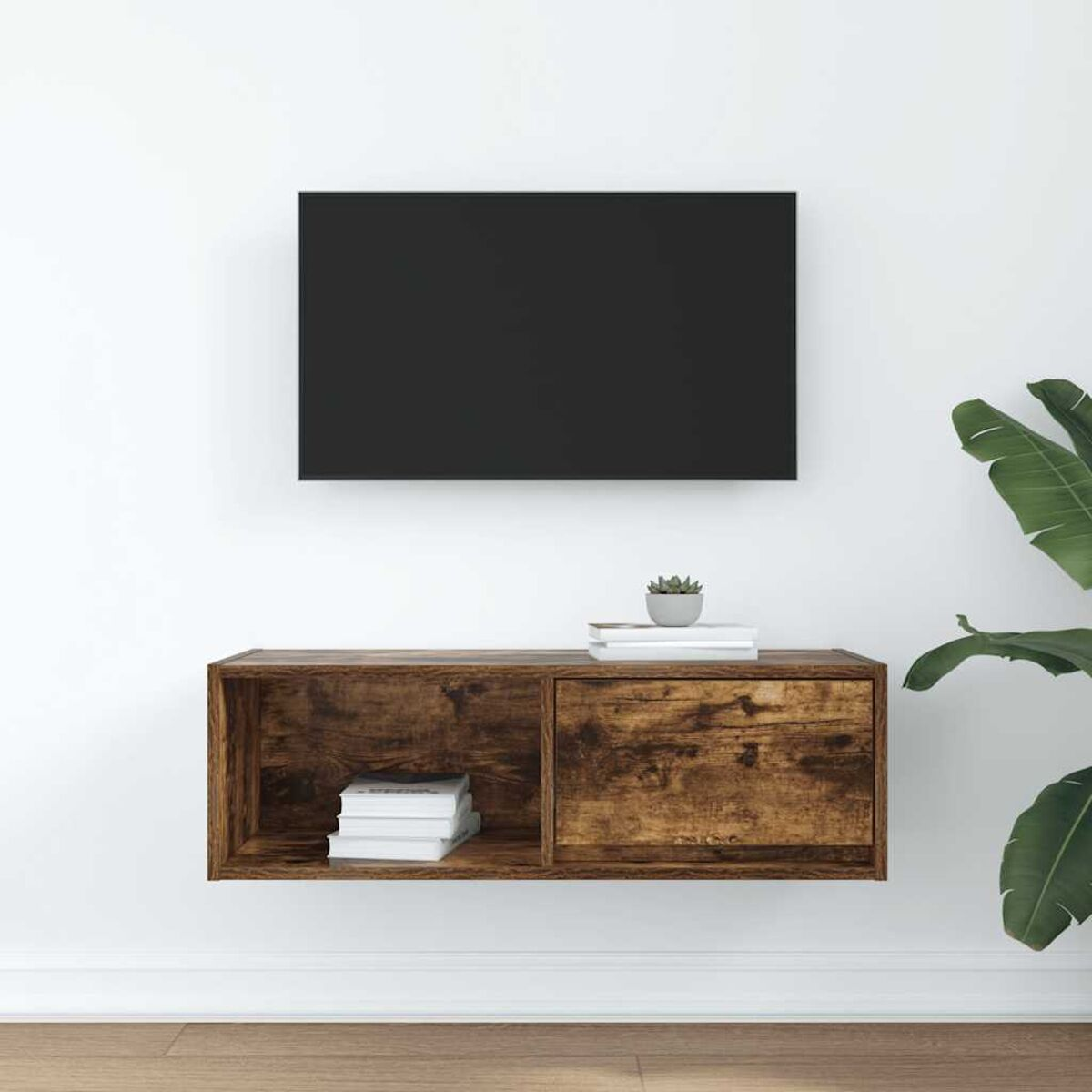 Ein Fernseher über einem Holzschrank, eine Pflanze an der Seite und eine kleine Pflanze auf dem Schrank, mit weißem Hintergrund.