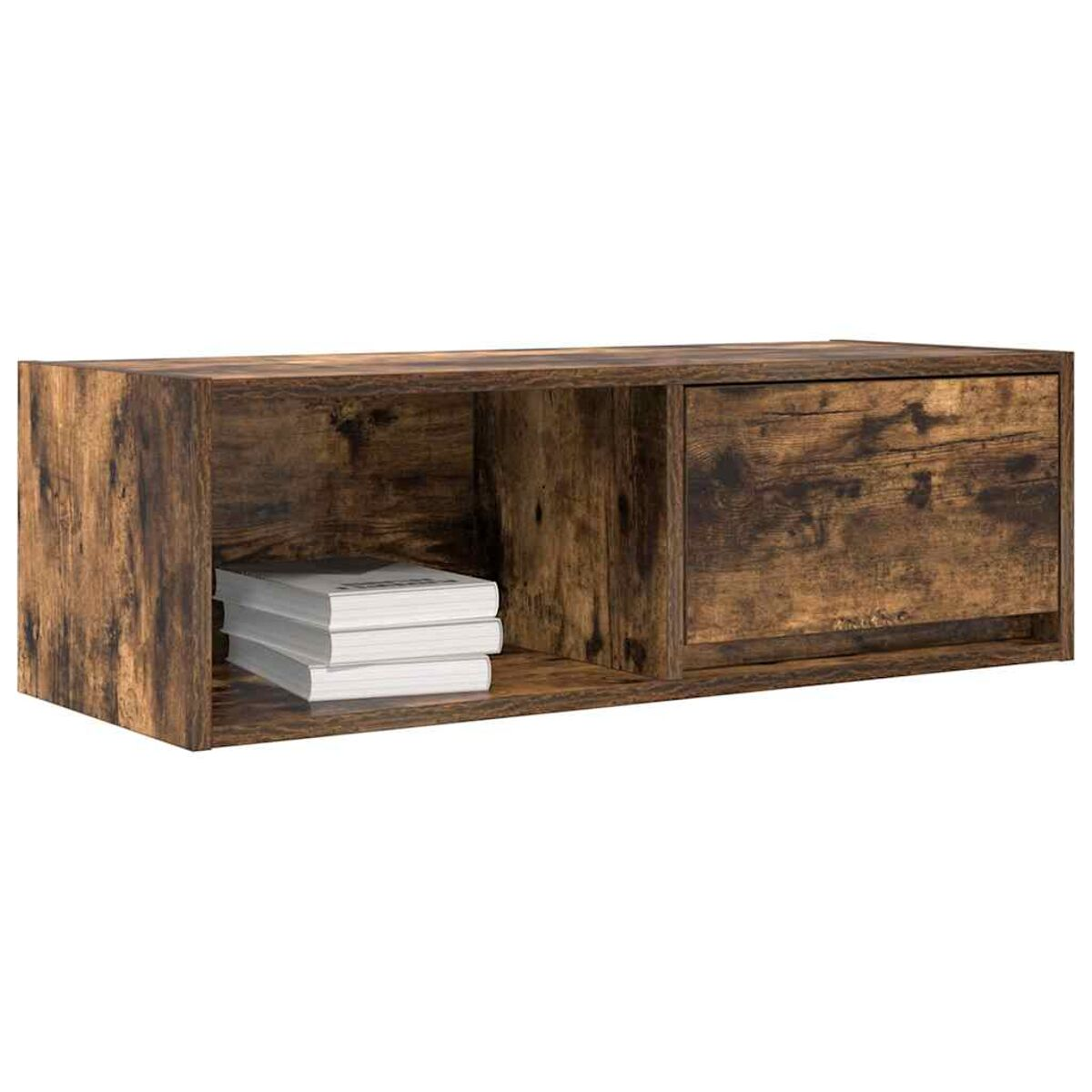 Ein Holzregal mit drei Fächern. Ein Fach hat weiße Bücher. Ein anderes hat eine Schublade. Das Holz hat ein rustikales Aussehen.