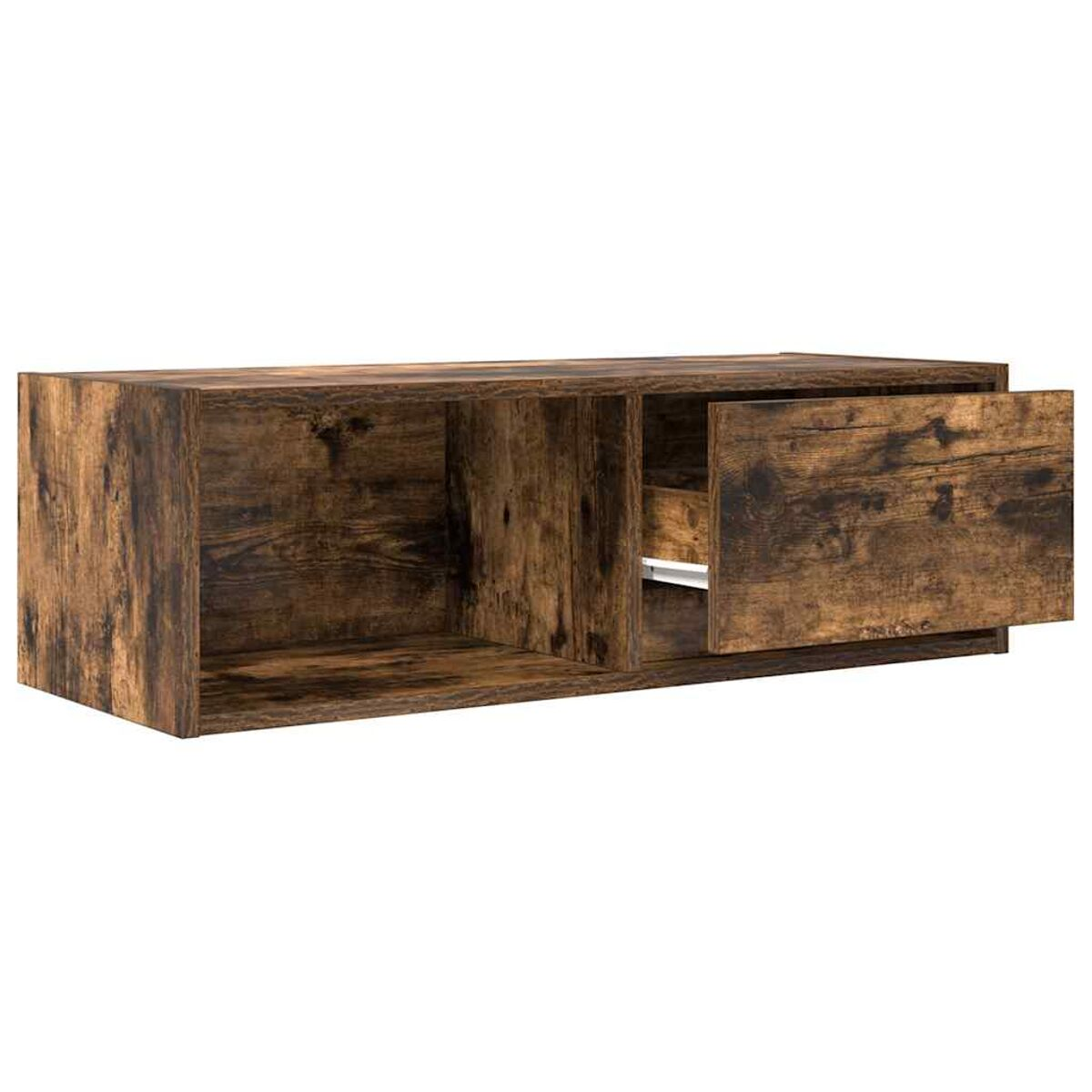 Ein brauner Holzschrank mit einer offenen Schublade. Der Schrank hat eine rechteckige Form und ein rustikales Aussehen.