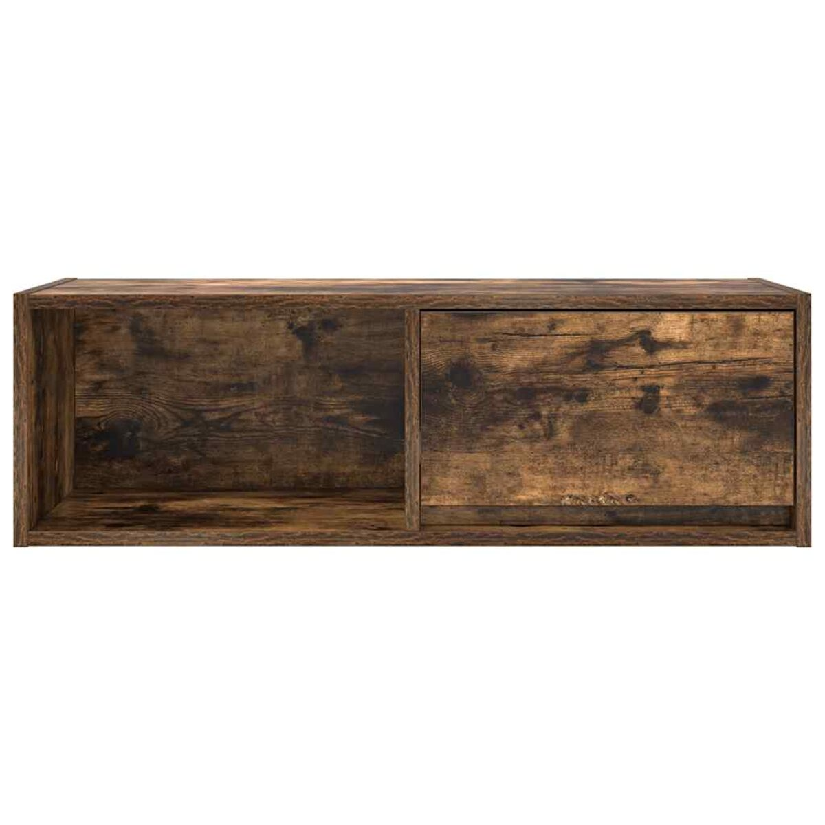 Ein rechteckiger Holzschrank mit dunkelbraunem Finish. Er hat ein offenes Fach links und eine geschlossene Tür rechts.