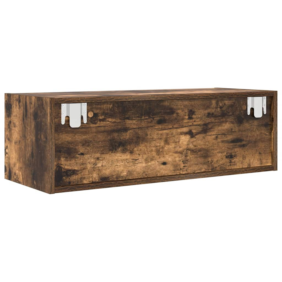 Ein rechteckiger, brauner Holzschrank mit Metallhalterungen auf der Rückseite. Das Holz hat ein abgenutztes Aussehen.