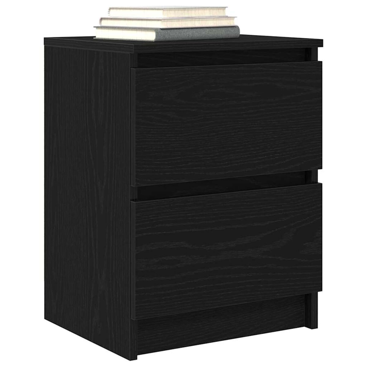 Ein schwarzer Nachttisch mit zwei Schubladen. Oben liegen drei Bücher. Der Nachttisch hat eine Holzmaserung und steht vor weißem Hintergrund.
