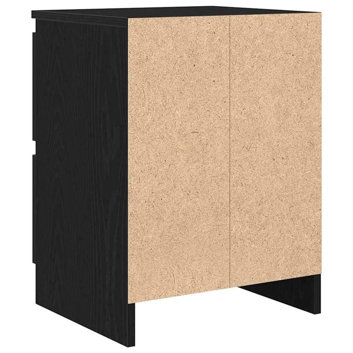 Ein schwarzer und hellbrauner Schrank. Der schwarze Teil ist links. Der hellbraune Teil ist in der Mitte. Der Schrank steht auf einem schwarzen Sockel.