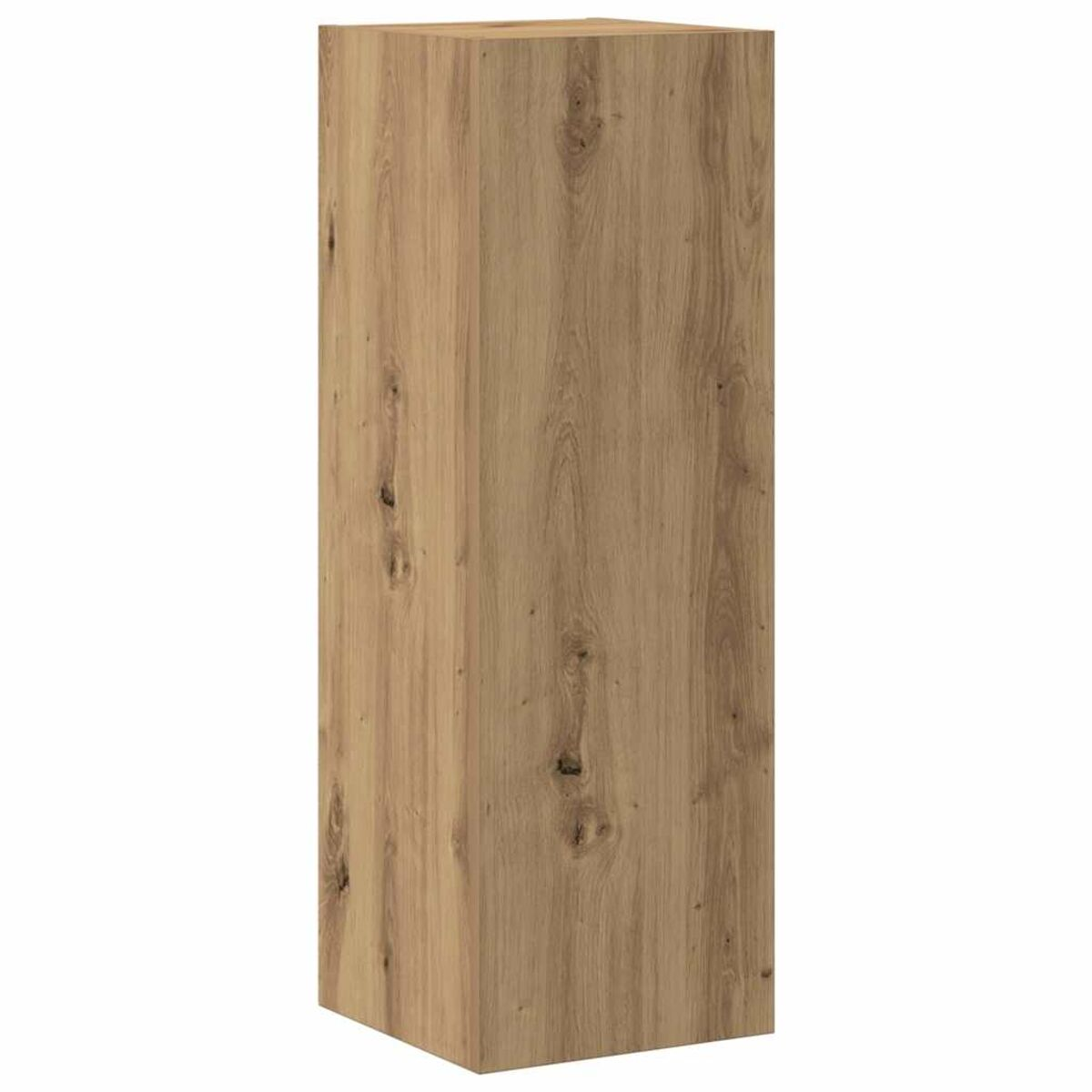 Eine hohe, rechteckige Holzsäule, hellbraun mit sichtbarer Holzmaserung und Ästen, steht vor weißem Hintergrund.