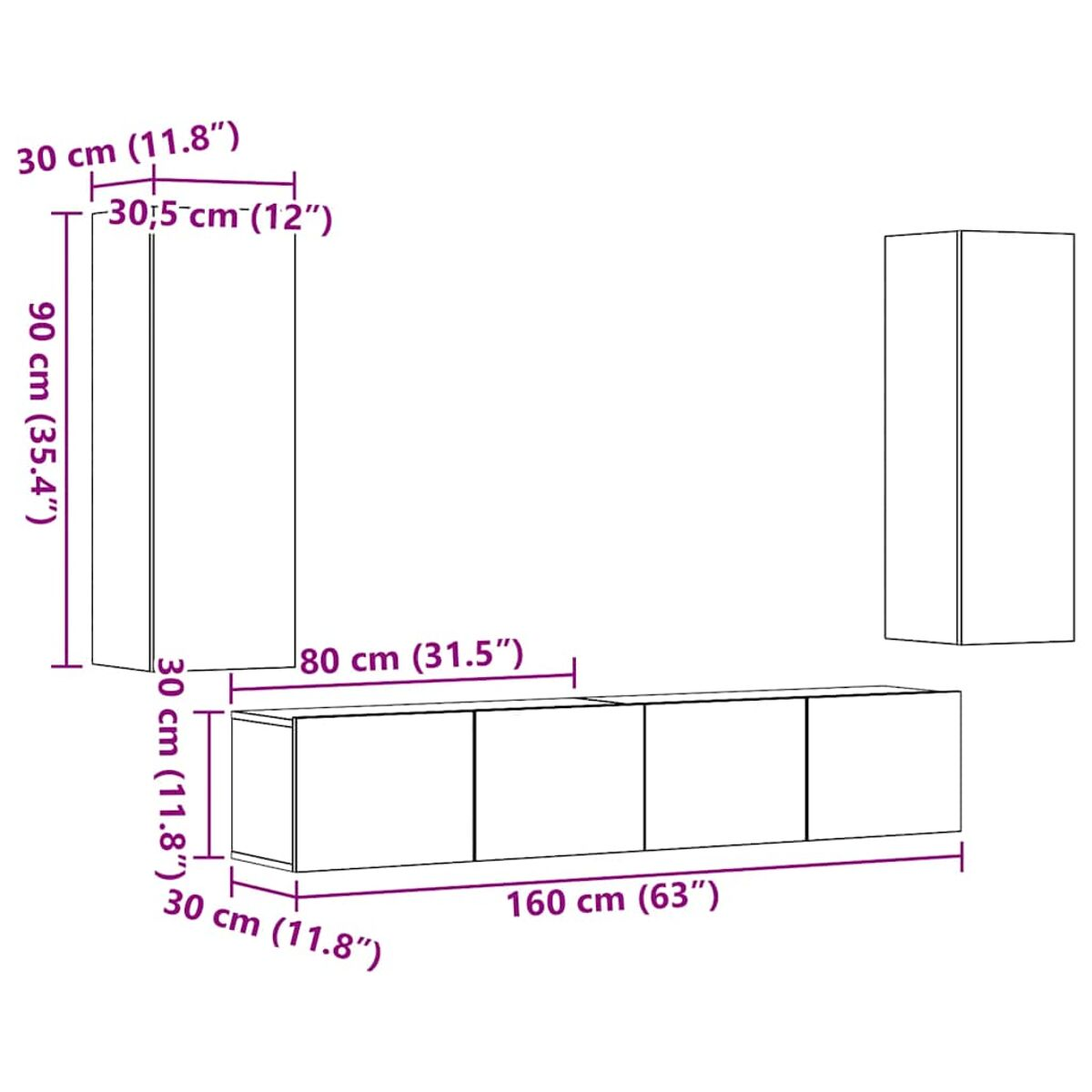 Diagramm zeigt Möbelmaße. Es gibt Schränke mit Maßen in Zentimetern und Zoll. Ein hoher Schrank und ein langer Schrank sind vorhanden.
