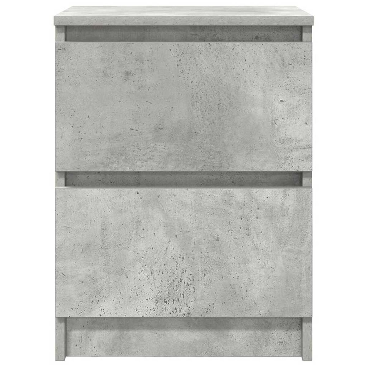 Ein grauer Schrank mit Betonstruktur und zwei Schubladen. Er hat eine rechteckige Form und ein minimalistisches Design.