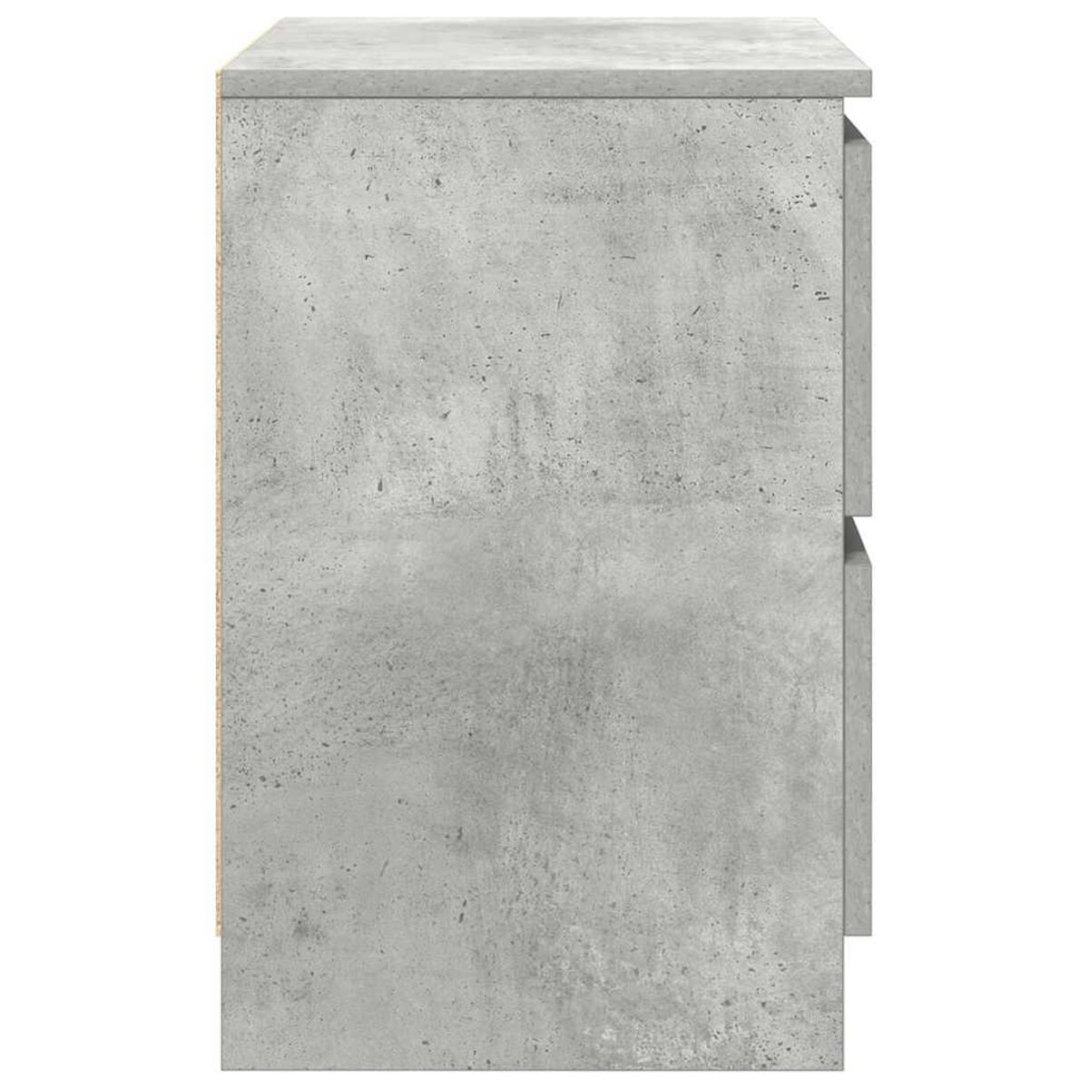 Ein grauer Beton-Schrank mit zwei Schubladen. Der Schrank hat eine strukturierte Oberfläche und eine helle Holz-Seitenwand.