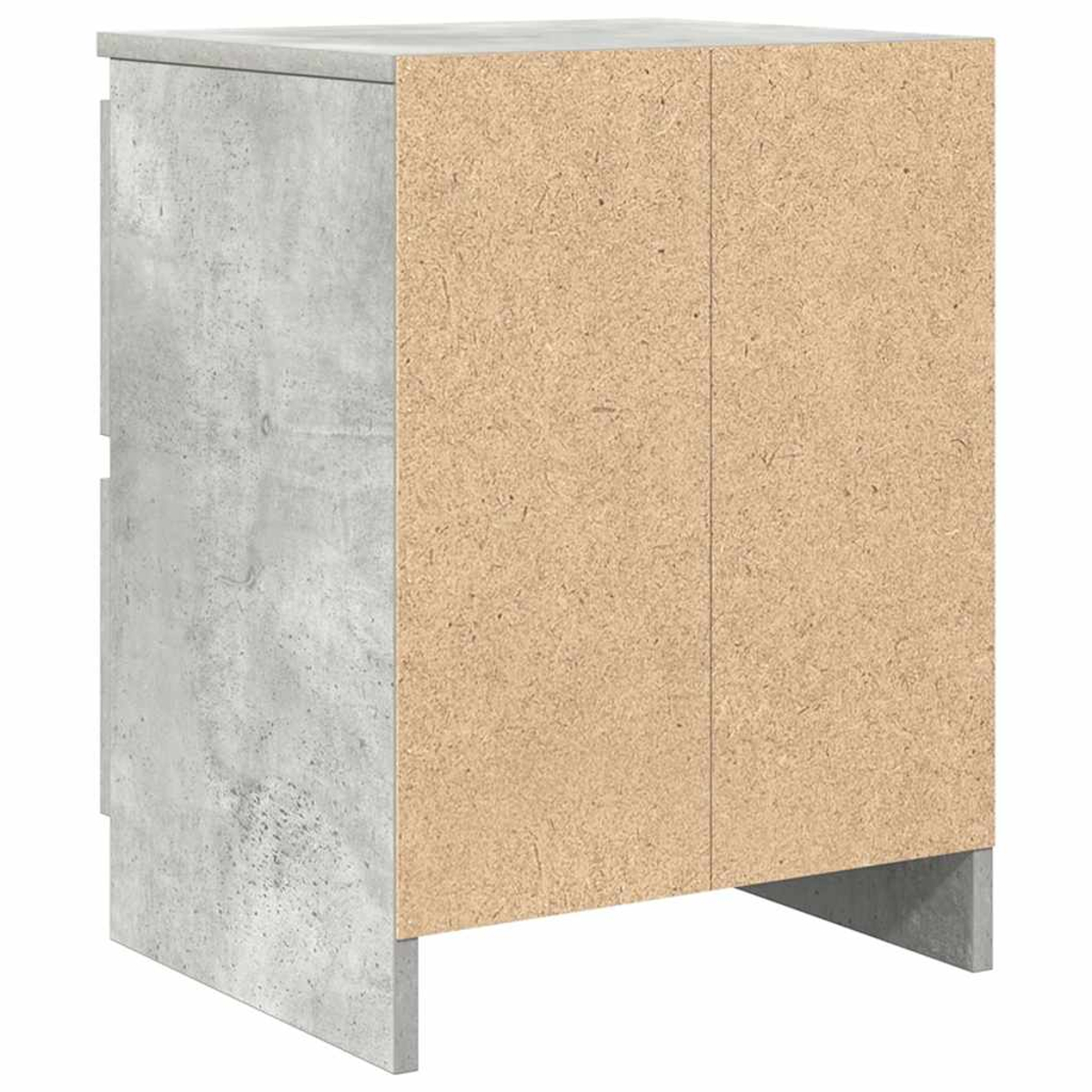 Ein Schrank mit einer betongrauen Seite und Oberseite sowie einer hellbraunen Spanplattenfront. Er steht auf grauen Betonbeinen.
