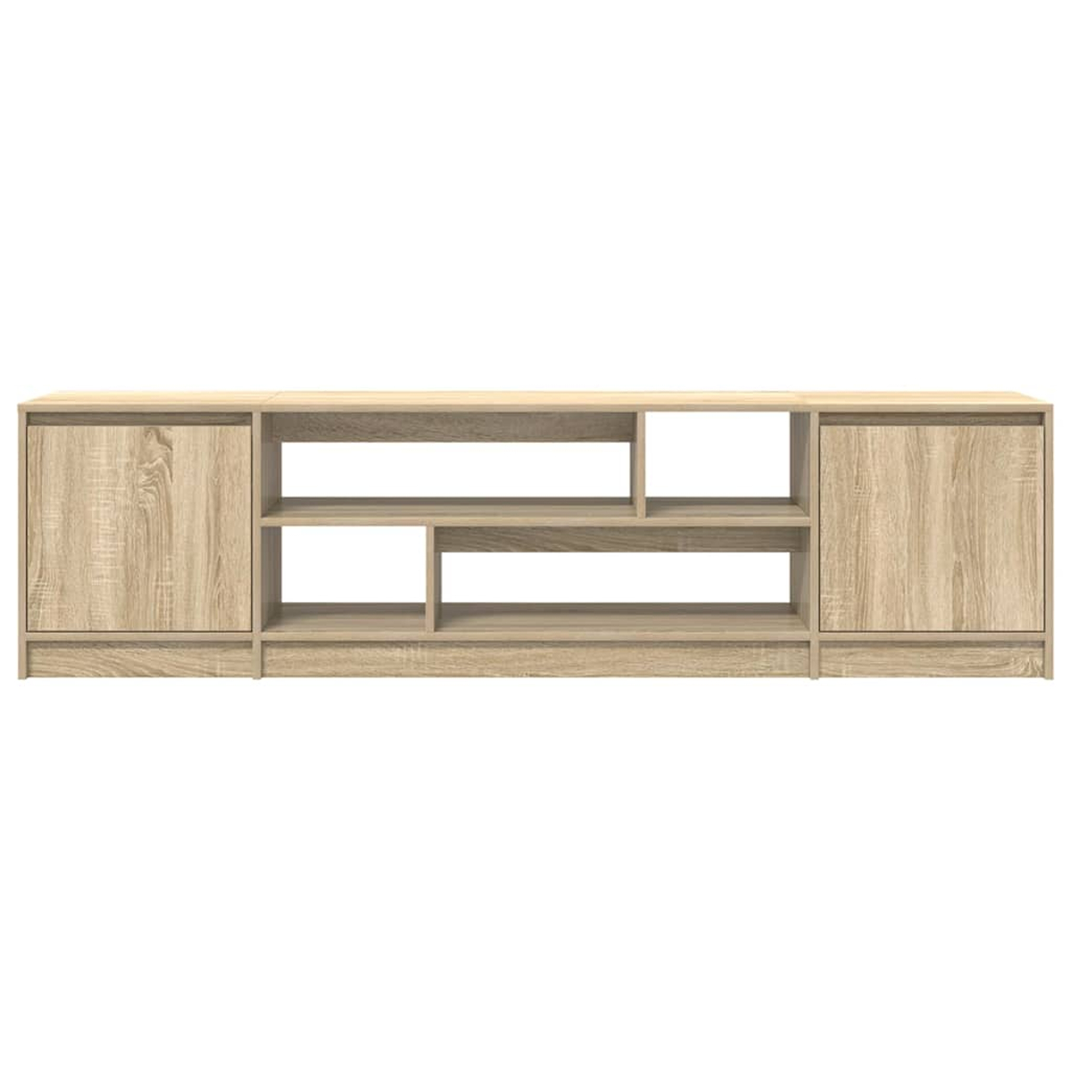 Ein hellbrauner TV-Schrank aus Holz mit Türen auf jeder Seite und offenen Regalen in der Mitte.