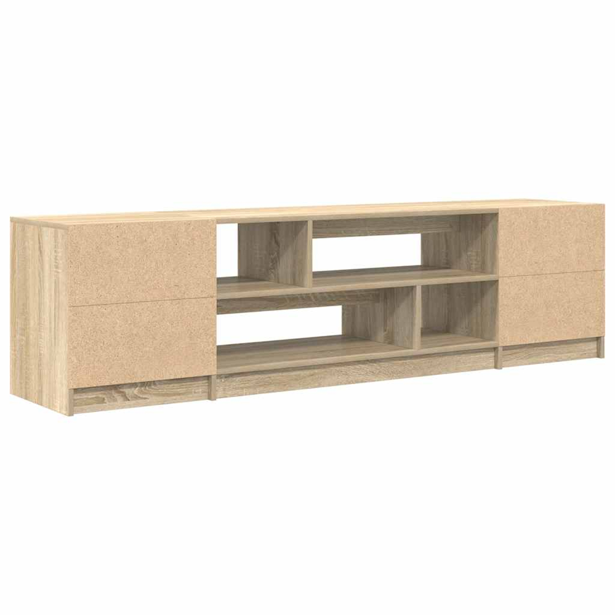 Ein hellbrauner TV-Ständer aus Holz mit offenen Regalen und geschlossenen Schränken. Der Ständer hat eine rechteckige Form.