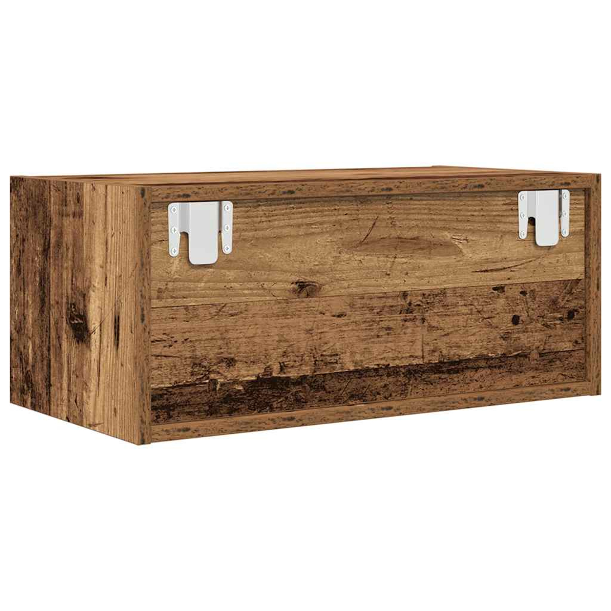 Una caja rectangular de madera con vetas visibles y dos soportes metálicos blancos en la parte delantera.