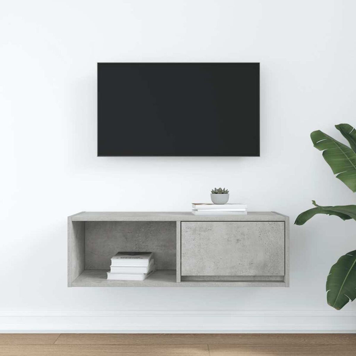 Ein schwarzer Fernseher hängt an einer weißen Wand. Darunter ein grauer Schrank mit Büchern und einer kleinen Pflanze. Rechts eine große grüne Pflanze.