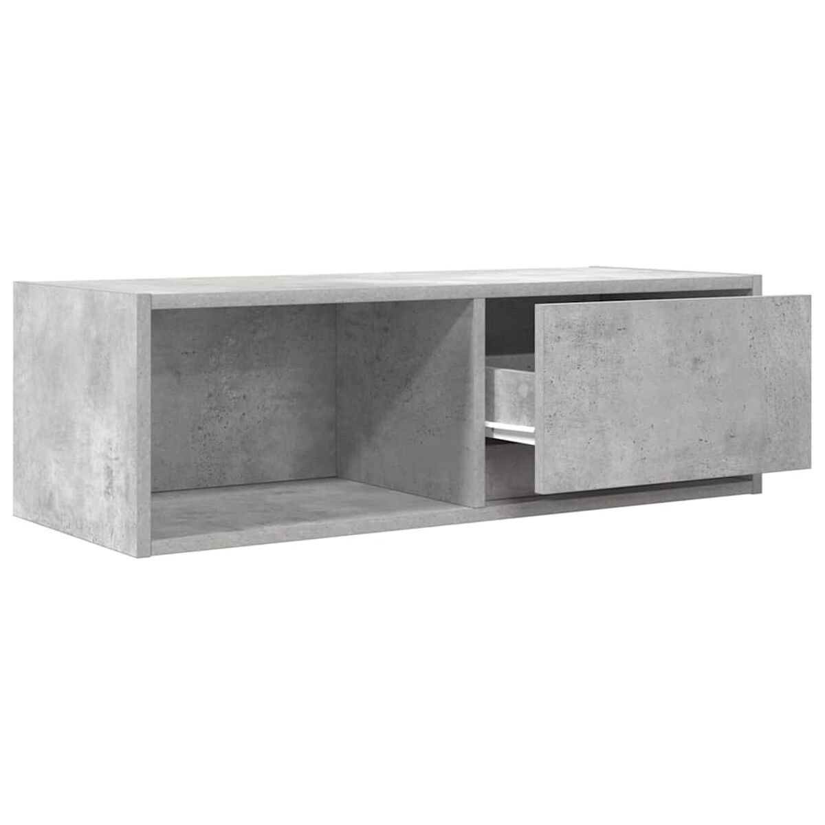 Ein grauer, an der Wand befestigter Betonschrank mit offenem Fach und einer Schublade mit teilweise geöffneter Tür.