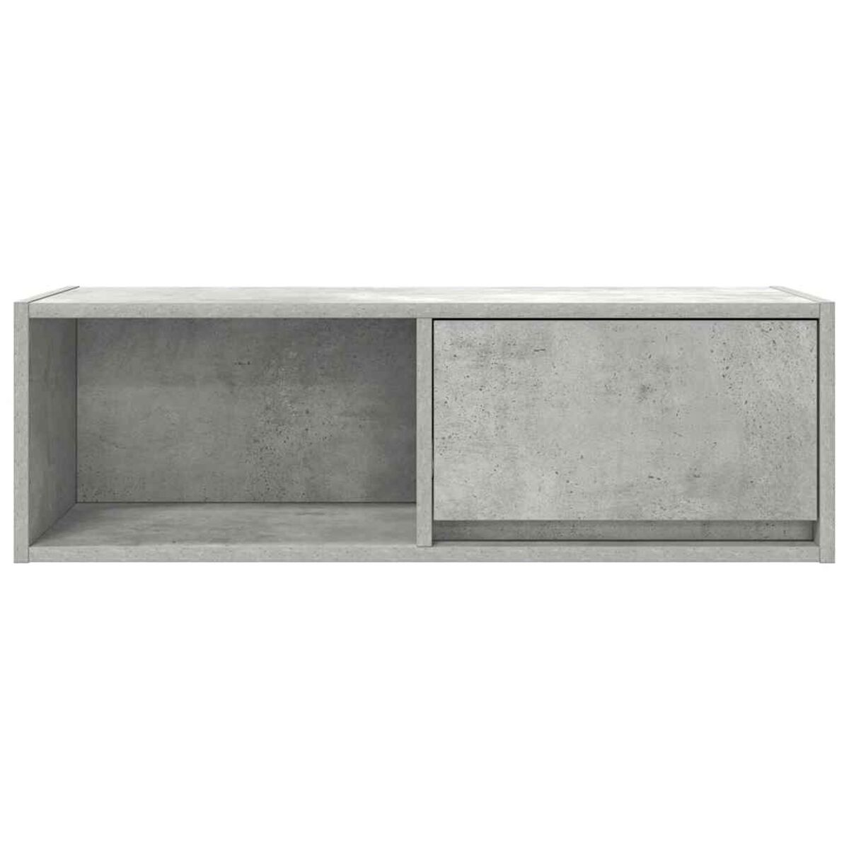 Ein grauer, rechteckiger, an der Wand befestigter Betonschrank. Er verfügt über ein offenes und ein geschlossenes Fach mit Tür.