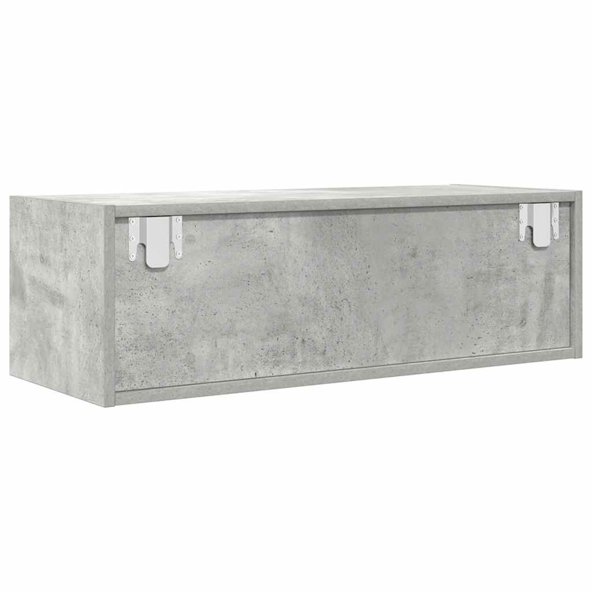 Ein grauer, wandmontierter Betonschrank, rechteckig, mit Metallhalterungen. Der Schrank befindet sich in einer Studioumgebung, auf weißem Hintergrund.