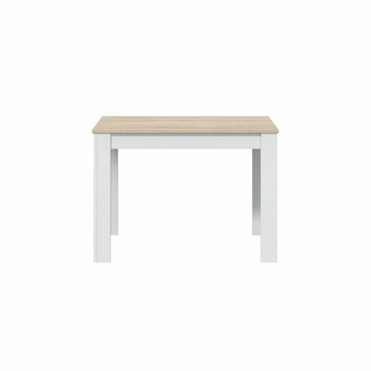 Una mesa blanca con tapa de madera marrón claro sobre fondo blanco. La mesa tiene cuatro patas blancas.