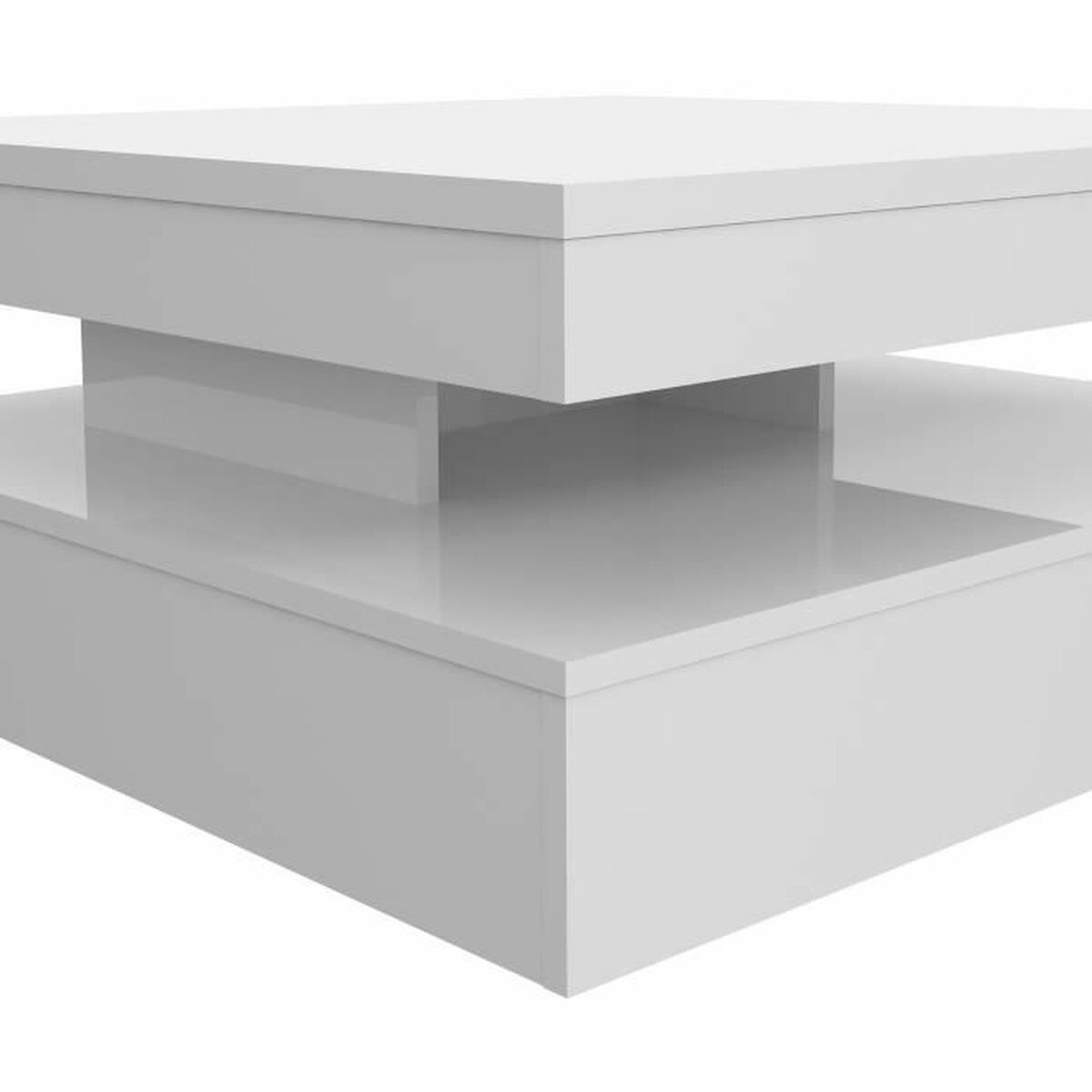 Ein moderner, weißer Couchtisch mit zweistufigem Design. Die obere Ebene ist größer, die untere kleiner, beide rechteckig.