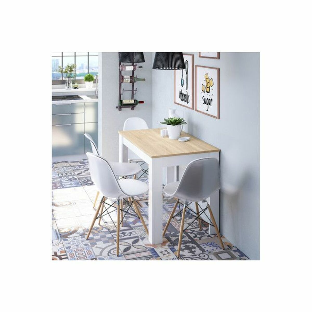 Un juego de comedor de cocina con una mesa blanca, cuatro sillas blancas y una estantería para vinos en la pared. El suelo está embaldosado.