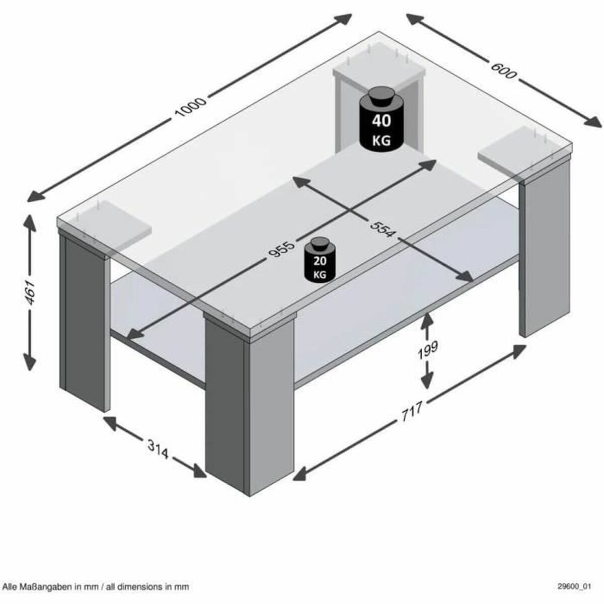 Isometrische Ansicht eines Couchtisches mit Maßen. Zwei Gewichte zeigen die Tragfähigkeit. Maße sind in mm.