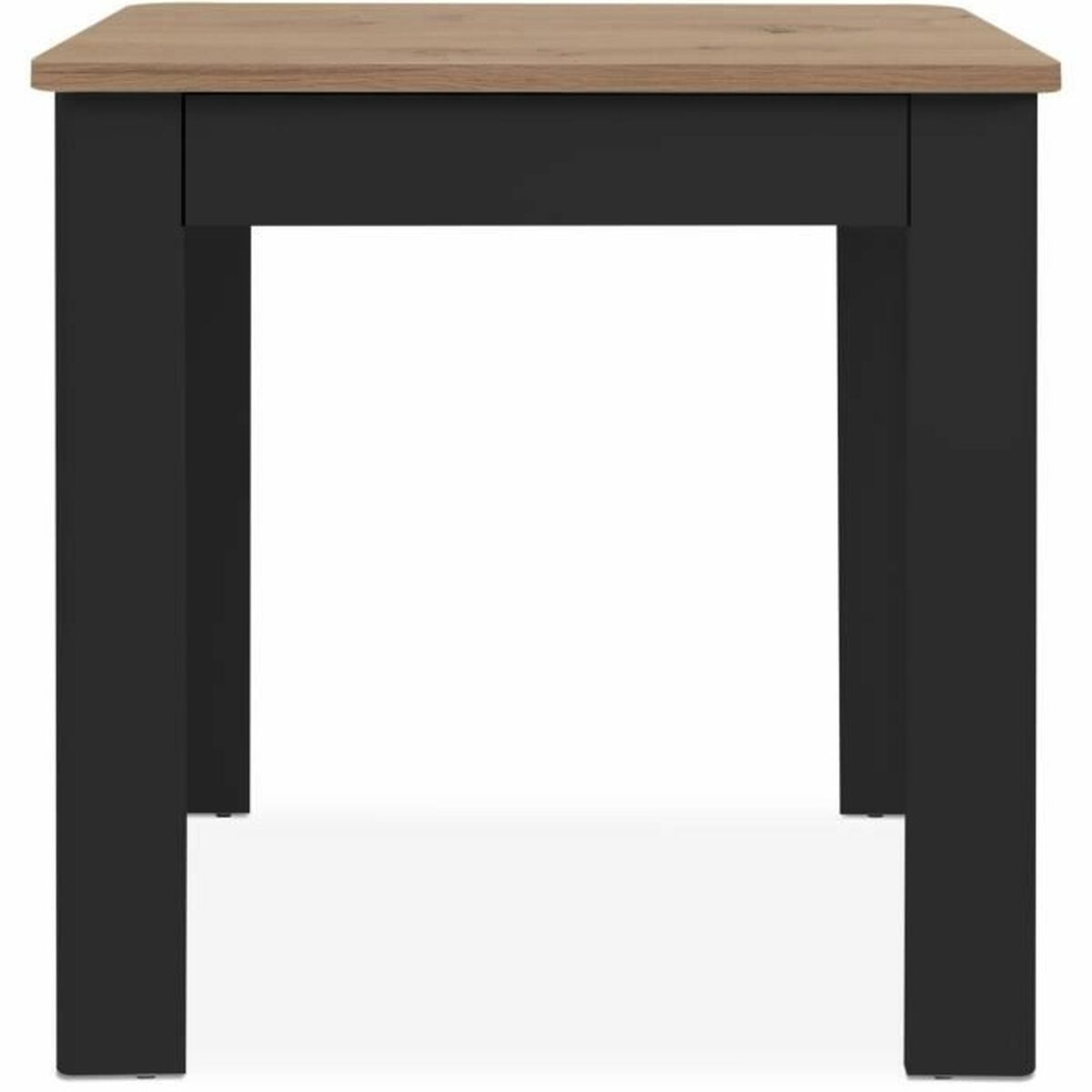 Ein quadratischer Tisch mit hellbrauner Platte und schwarzen Beinen. Der Tisch ist leer, mit weißem Hintergrund.