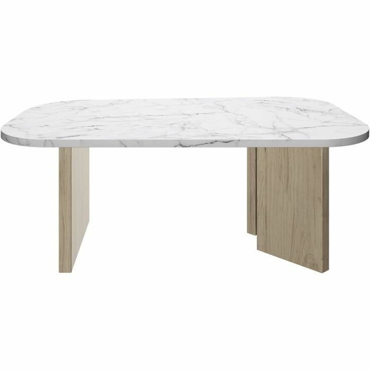 Ein rechteckiger Couchtisch. Er hat eine weiße Marmorplatte und hell holzfarbene Beine. Der Tisch ist auf weißem Grund isoliert.