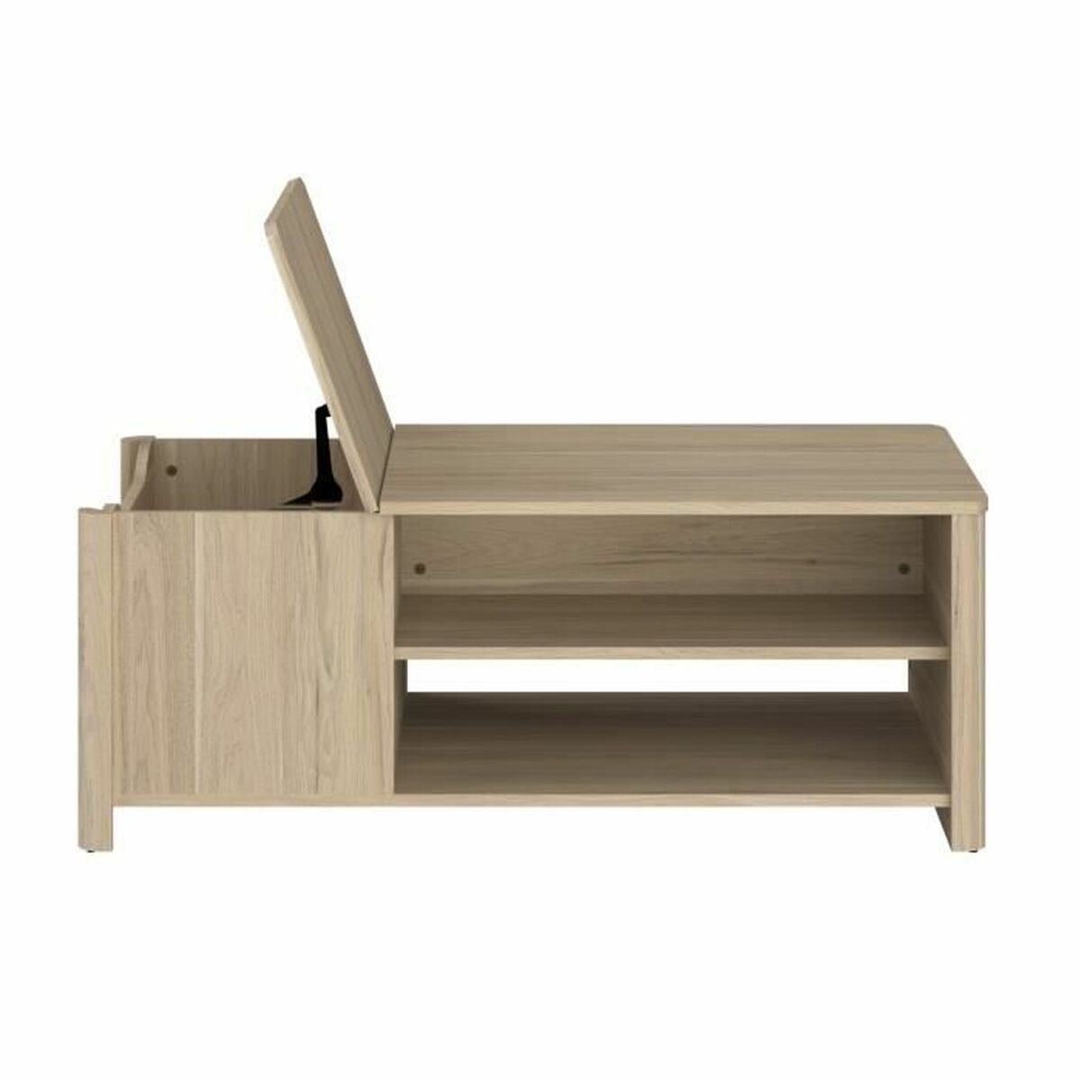 Eine helle Holz-Aufbewahrungsbank mit offenem Deckel. Sie hat zwei Regale darunter und einen Abschnitt auf der linken Seite mit einer Tür.