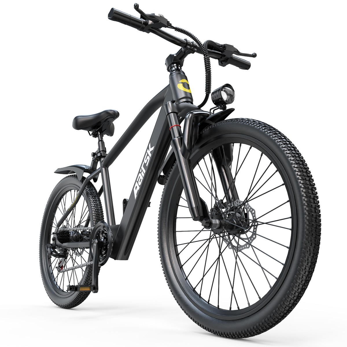 Schwarzes Elektrofahrrad mit gelbem Logo auf dem Rahmen. Das Fahrrad hat große Reifen, einen Scheinwerfer und Scheibenbremsen.