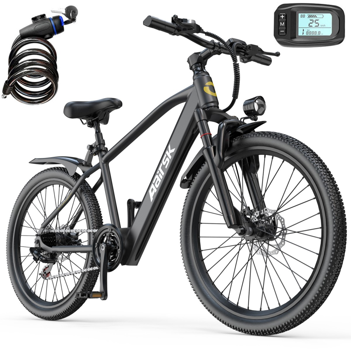 Schwarzes Elektrofahrrad mit Schloss und Display. Merkmale sind ein Scheinwerfer, Schutzbleche und eine Kette. Die Marke 'AairsK' ist sichtbar.