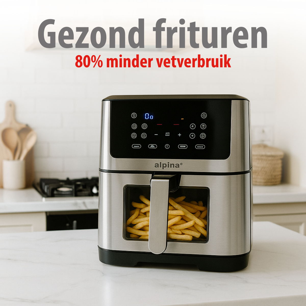 An air fryer with fries inside. Text at the top says 'Healthy frying, 80% less fat consumption'.